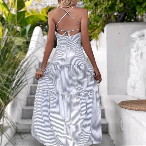 Boho Tiered Maxi Dress Small Ruffle Strappy Back Button Up Blue White Sun Dress - Picture 7 of 7